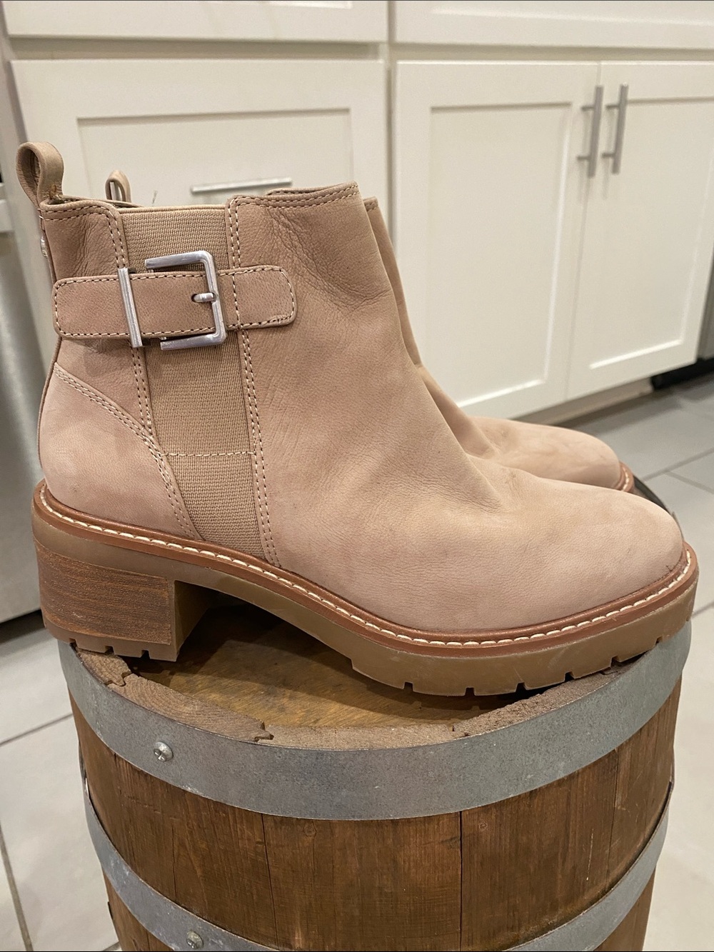 Alex Marie Blush Tan Suede Buckle Platform Chelsea Booties